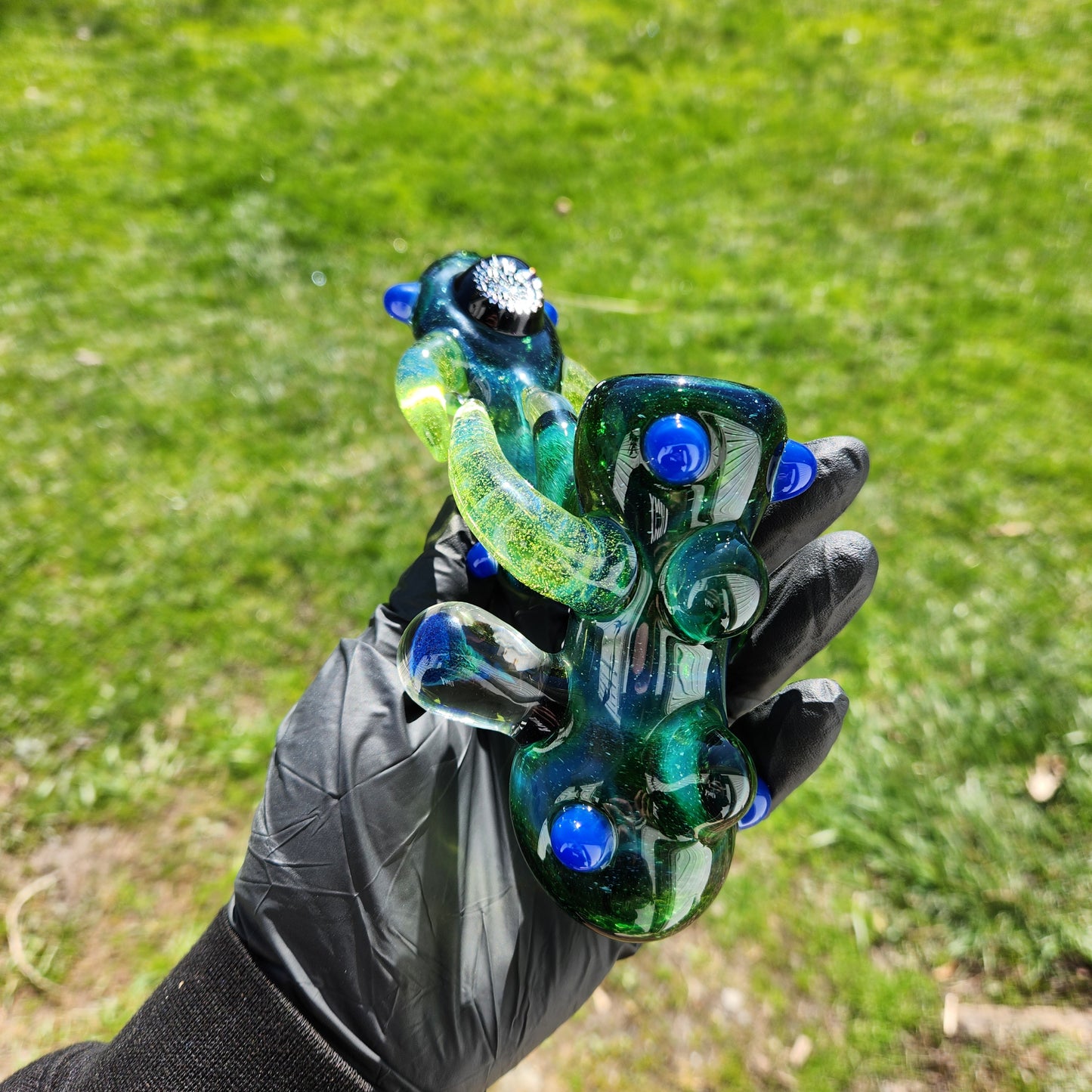 Ancient Alien Relic Glass Pipe – Experimental Green Hammer Pipe w/ Vortex Dichroic Marble