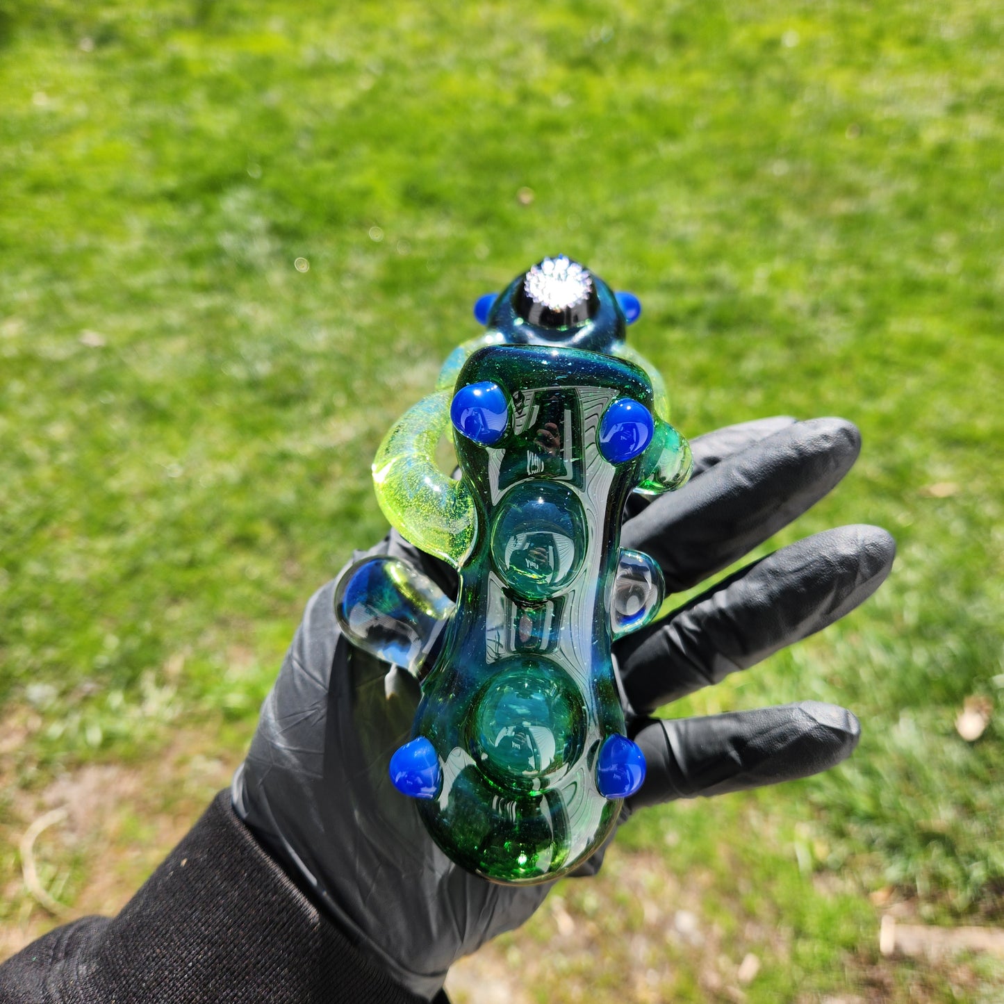Ancient Alien Relic Glass Pipe – Experimental Green Hammer Pipe w/ Vortex Dichroic Marble