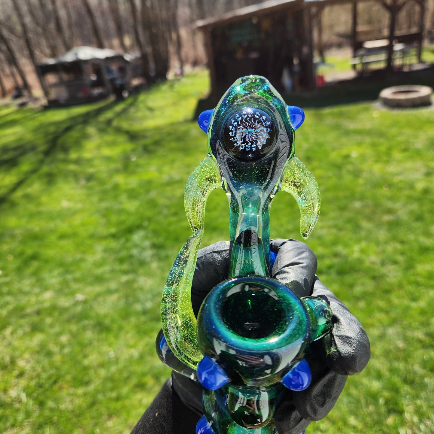 Ancient Alien Relic Glass Pipe – Experimental Green Hammer Pipe w/ Vortex Dichroic Marble