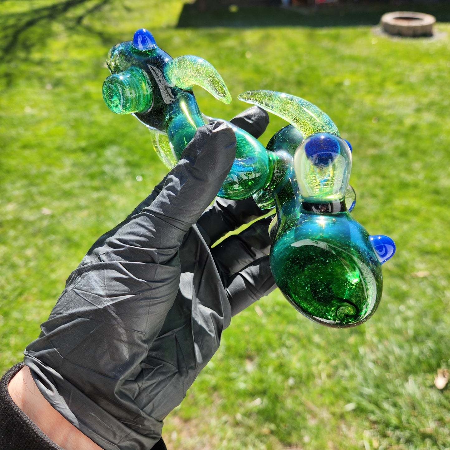 Ancient Alien Relic Glass Pipe – Experimental Green Hammer Pipe w/ Vortex Dichroic Marble