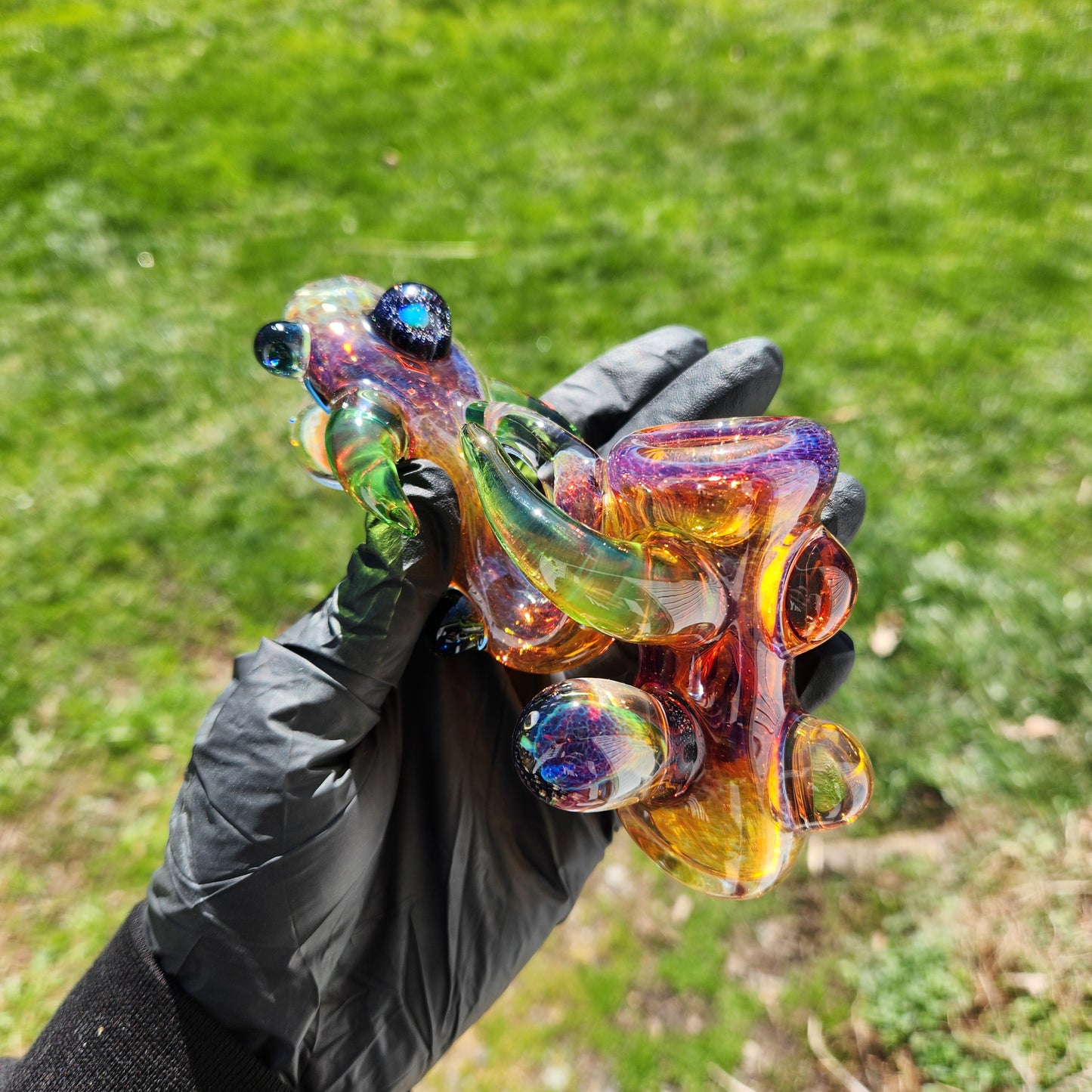 Ancient Alien Relic Glass Pipe – Color Changing Amber Purple Hammer Pipe w/ Opal & Nebula Marble