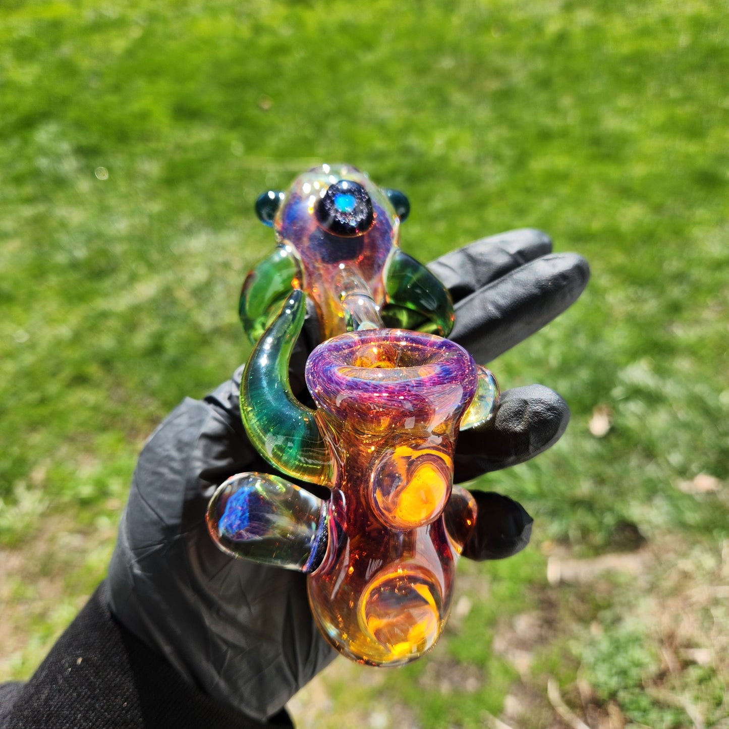 Ancient Alien Relic Glass Pipe – Color Changing Amber Purple Hammer Pipe w/ Opal & Nebula Marble
