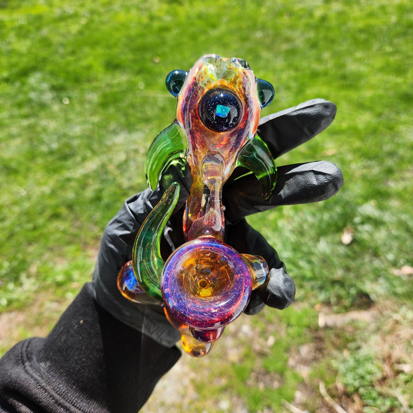 Ancient Alien Relic Glass Pipe – Color Changing Amber Purple Hammer Pipe w/ Opal & Nebula Marble