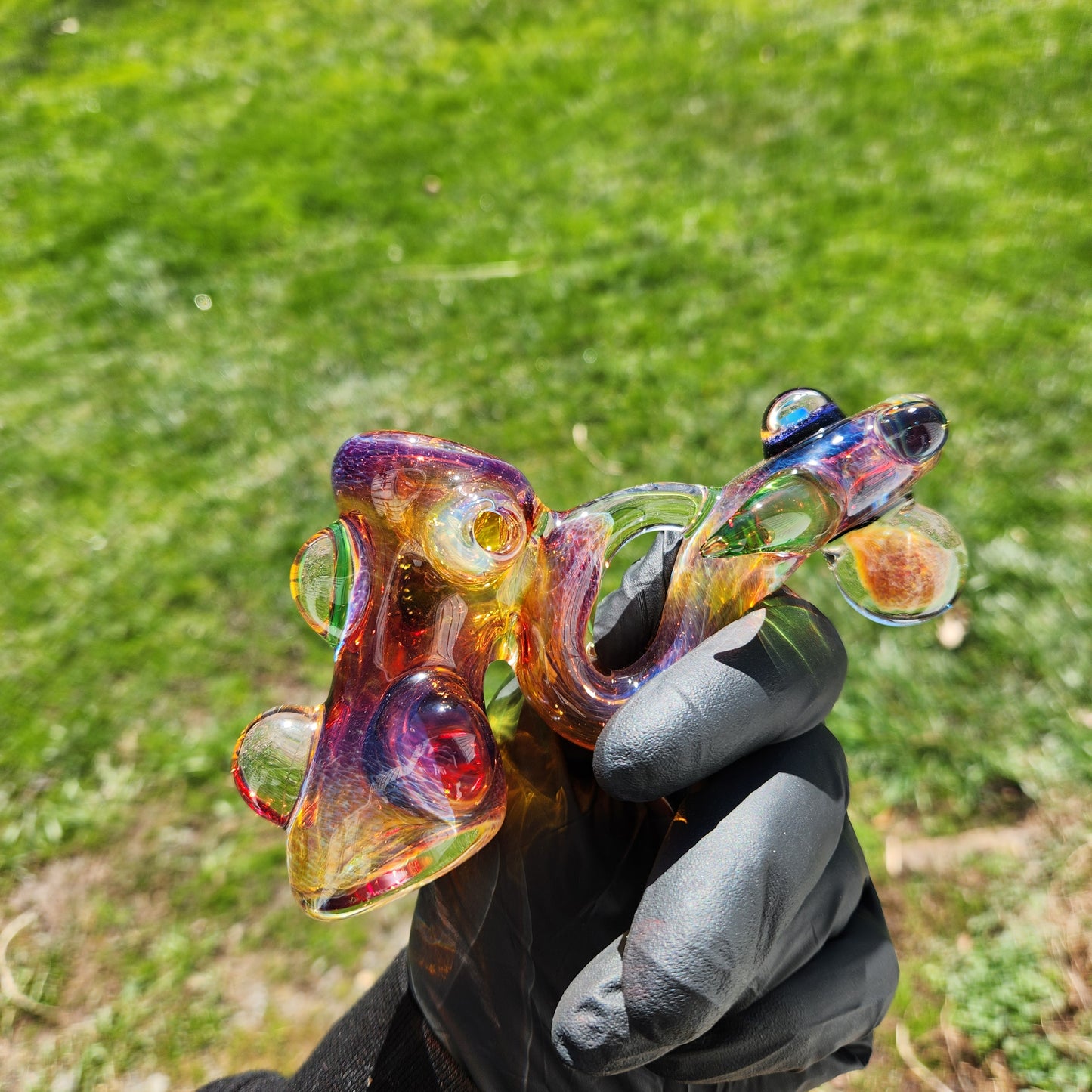 Ancient Alien Relic Glass Pipe – Color Changing Amber Purple Hammer Pipe w/ Opal & Nebula Marble