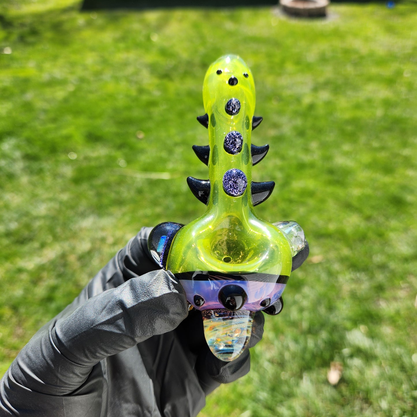 Hellstar Relics “Nebula Worm” Glass Pipe – Yellow Fume Chaos Galaxy w/ Purple Lens & Opal Accent Horned Spoon Pipe