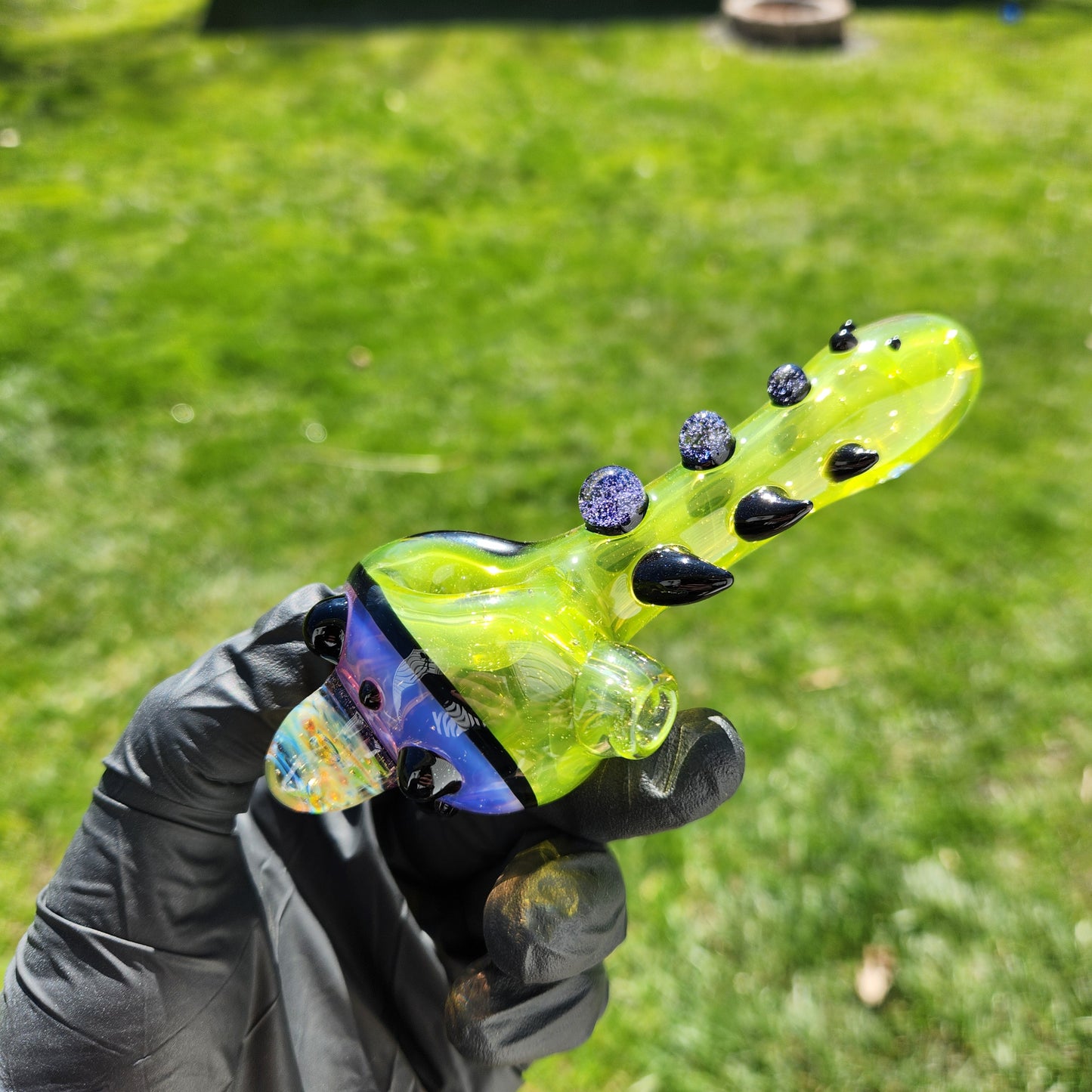 Hellstar Relics “Nebula Worm” Glass Pipe – Yellow Fume Chaos Galaxy w/ Purple Lens & Opal Accent Horned Spoon Pipe