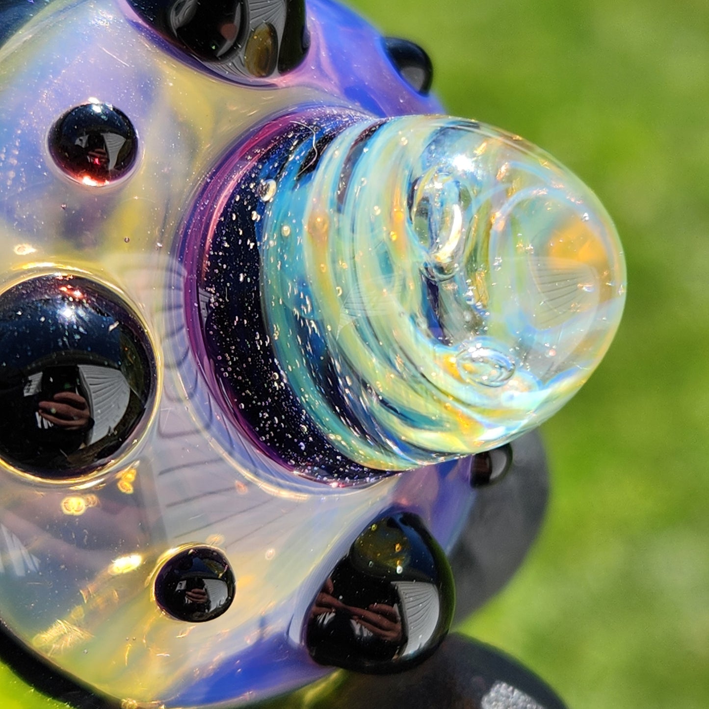 Hellstar Relics “Nebula Worm” Glass Pipe – Yellow Fume Chaos Galaxy w/ Purple Lens & Opal Accent Horned Spoon Pipe