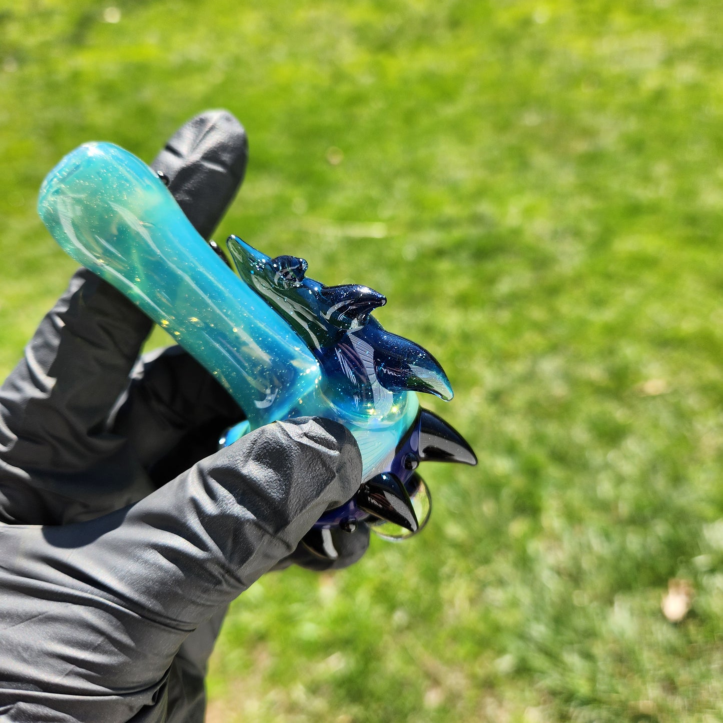 Hellstar Relics “Nebula Worm” Sea Green Glass Spoon Pipe – Blue Lens w/ Galaxy Opal & Horned Bowl Cluster