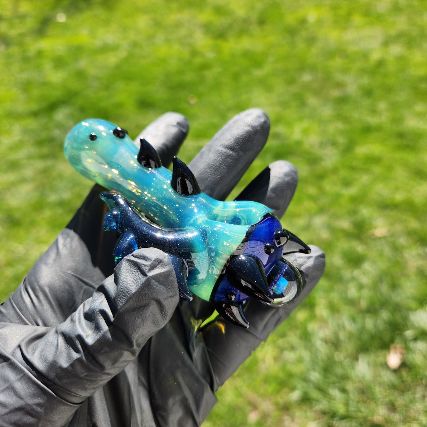 Hellstar Relics “Nebula Worm” Sea Green Glass Spoon Pipe – Blue Lens w/ Galaxy Opal & Horned Bowl Cluster