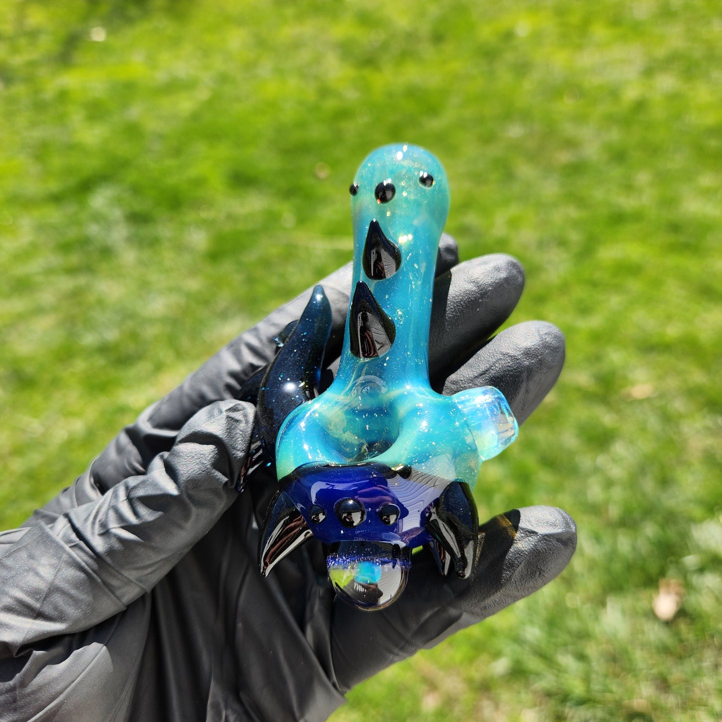 Hellstar Relics “Nebula Worm” Sea Green Glass Spoon Pipe – Blue Lens w/ Galaxy Opal & Horned Bowl Cluster