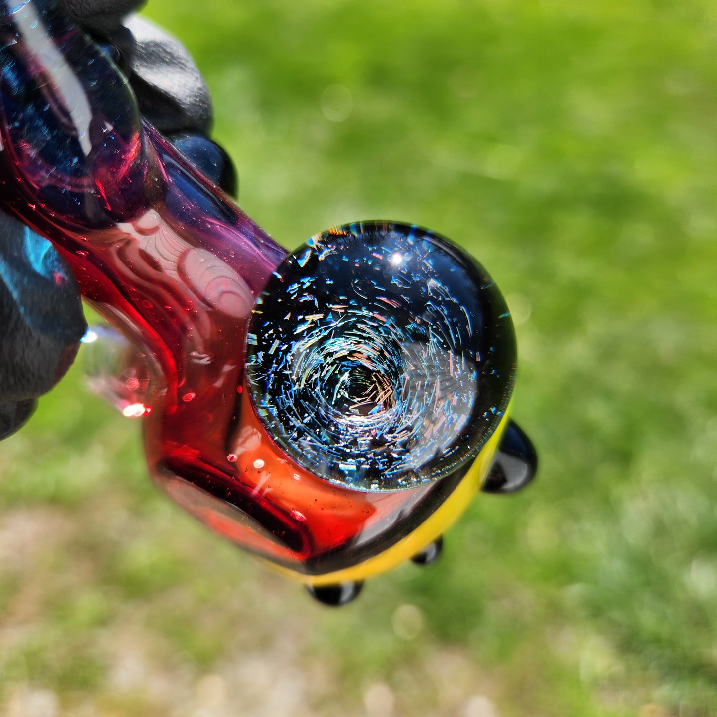 Hellstar Missile Relic Glass Pipe – Phoenix Red Spoon Pipe w/ Yellow Lens, Galaxy Opal & Dichroic Energy Vortex