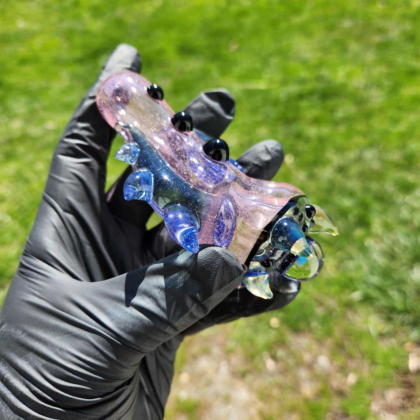 Hellstar Relics “Nebula Worm” Color Changing Glass Spoon Pipe – Pink to Peach Shift w/ Opal Galaxy Marble, Chromatic Horns & Front Lens