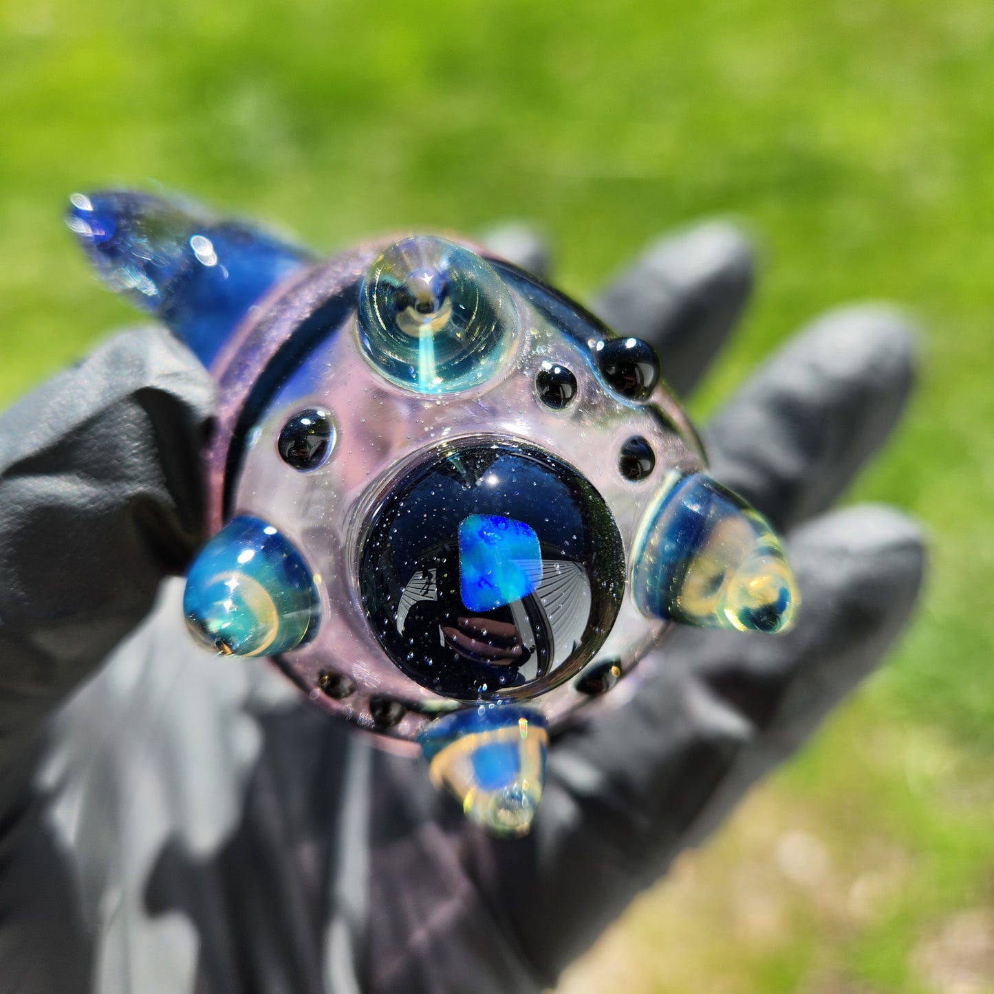 Hellstar Relics “Nebula Worm” Color Changing Glass Spoon Pipe – Pink to Peach Shift w/ Opal Galaxy Marble, Chromatic Horns & Front Lens