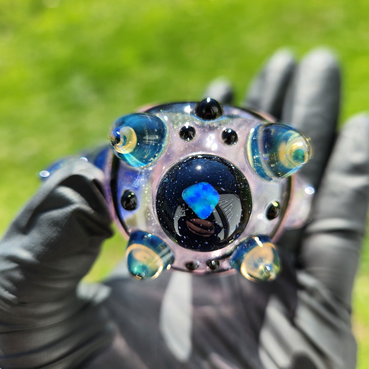Hellstar Relics “Nebula Worm” Color Changing Glass Spoon Pipe – Pink to Peach Shift w/ Opal Galaxy Marble, Chromatic Horns & Front Lens