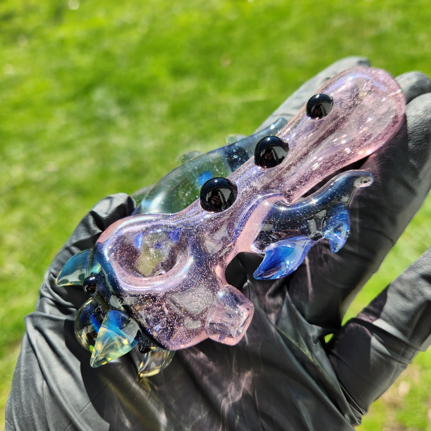Hellstar Relics “Nebula Worm” Color Changing Glass Spoon Pipe – Pink to Peach Shift w/ Opal Galaxy Marble, Chromatic Horns & Front Lens