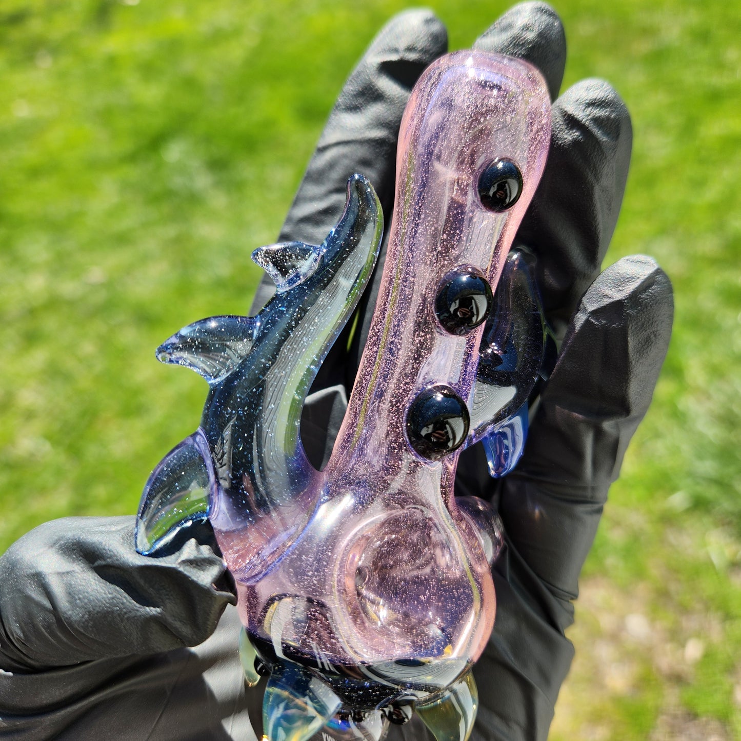 Hellstar Relics “Nebula Worm” Color Changing Glass Spoon Pipe – Pink to Peach Shift w/ Opal Galaxy Marble, Chromatic Horns & Front Lens