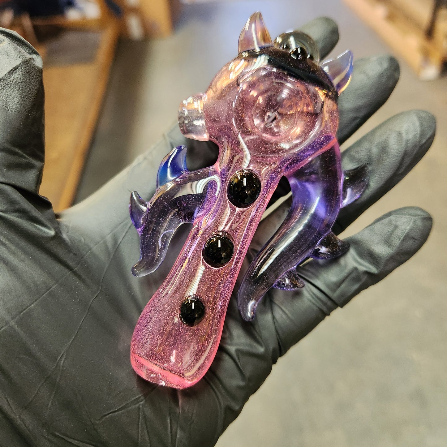 Hellstar Relics “Nebula Worm” Color Changing Glass Spoon Pipe – Pink to Peach Shift w/ Opal Galaxy Marble, Chromatic Horns & Front Lens