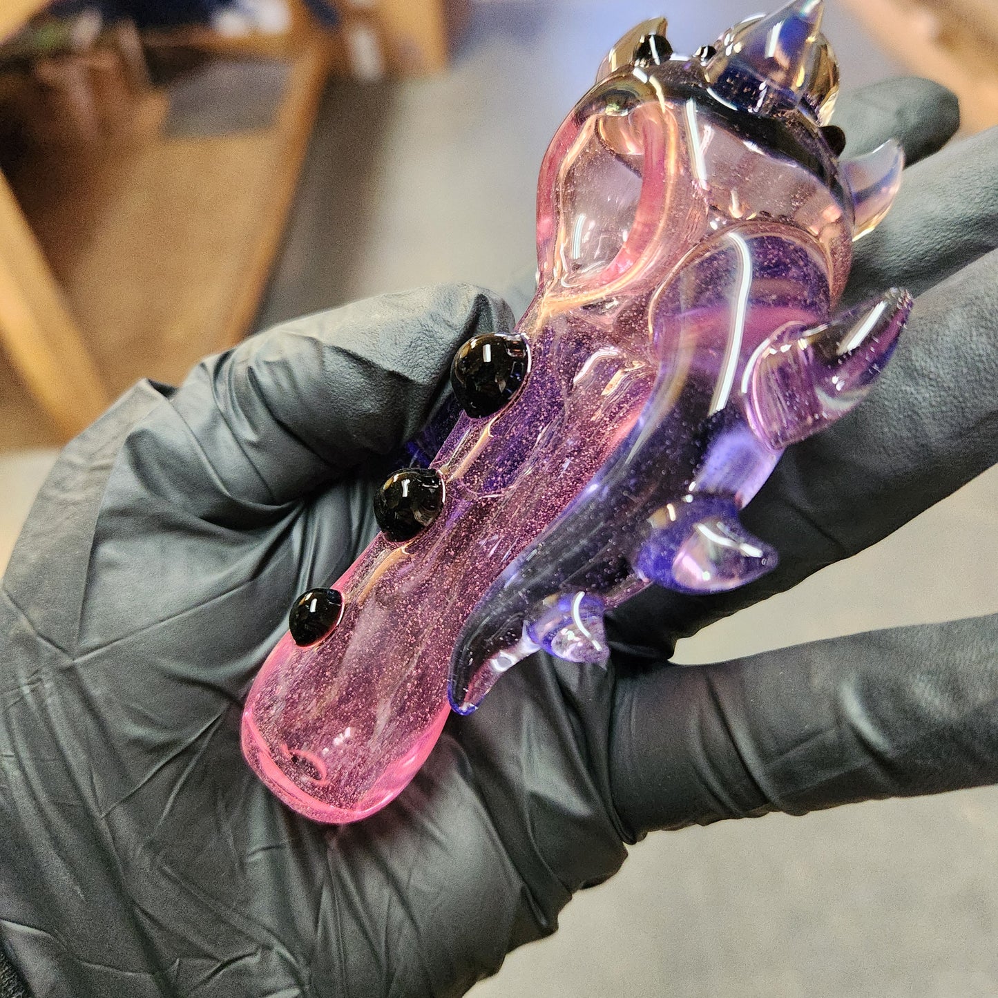 Hellstar Relics “Nebula Worm” Color Changing Glass Spoon Pipe – Pink to Peach Shift w/ Opal Galaxy Marble, Chromatic Horns & Front Lens