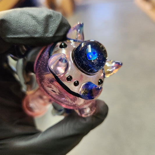 Hellstar Relics “Nebula Worm” Color Changing Glass Spoon Pipe – Pink to Peach Shift w/ Opal Galaxy Marble, Chromatic Horns & Front Lens
