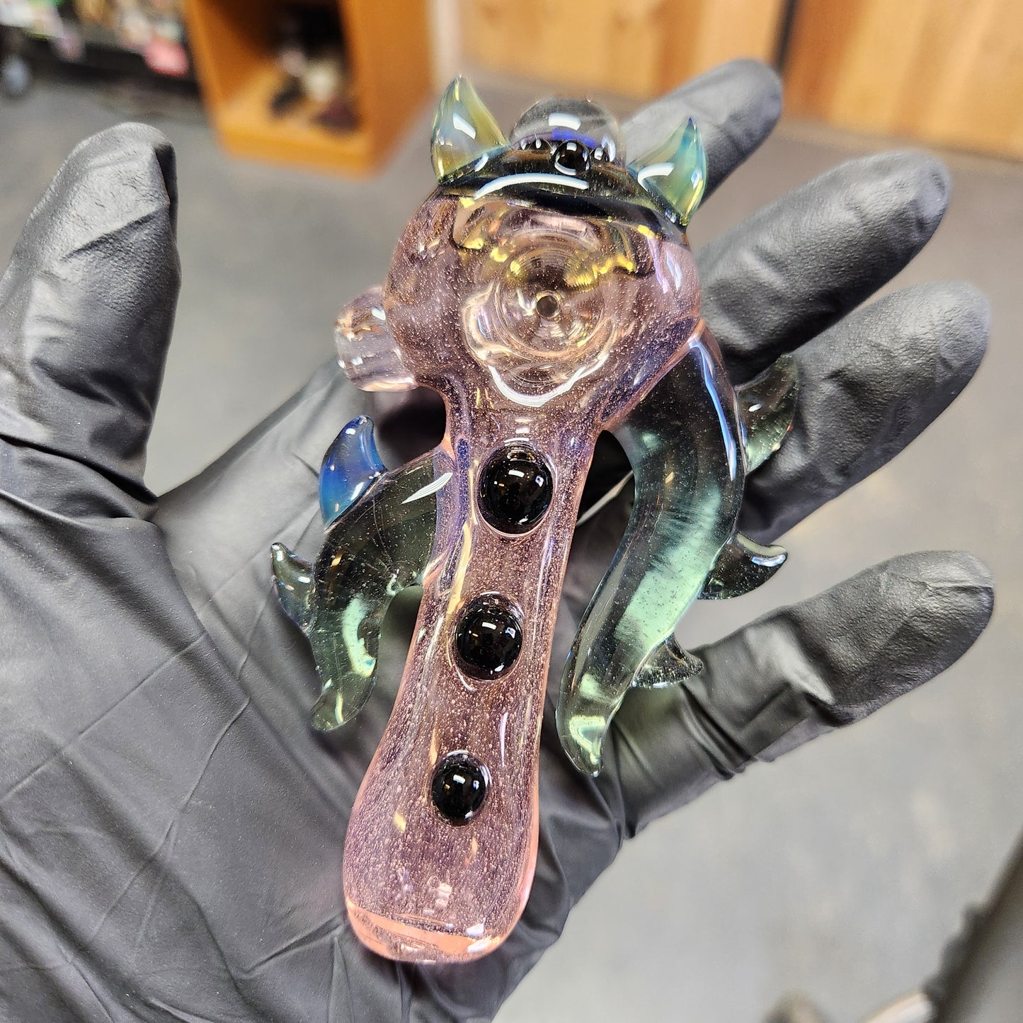 Hellstar Relics “Nebula Worm” Color Changing Glass Spoon Pipe – Pink to Peach Shift w/ Opal Galaxy Marble, Chromatic Horns & Front Lens