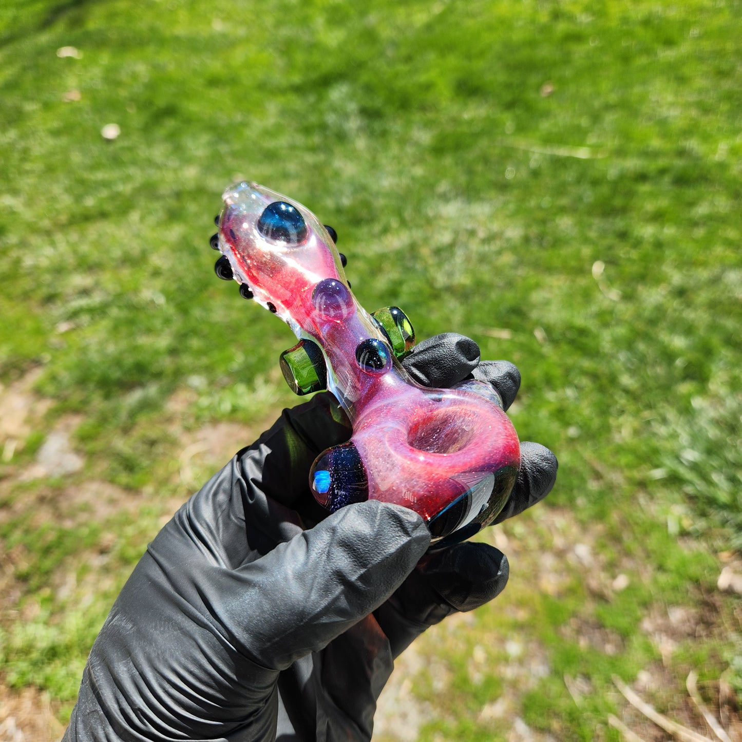 Hellstar Relics “Prism” Glass Spoon Pipe – Phoenix Red Pink w/ Bluestar Dust Lens, Galaxy Opal Core & Green Cylinder Accents
