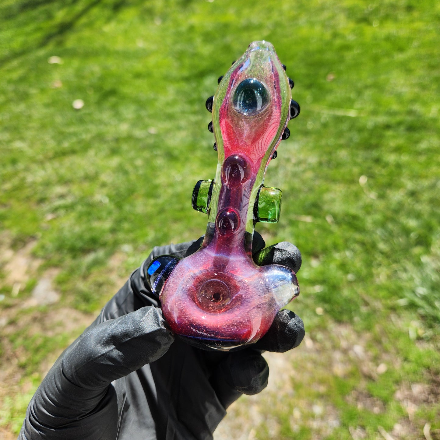 Hellstar Relics “Prism” Glass Spoon Pipe – Phoenix Red Pink w/ Bluestar Dust Lens, Galaxy Opal Core & Green Cylinder Accents