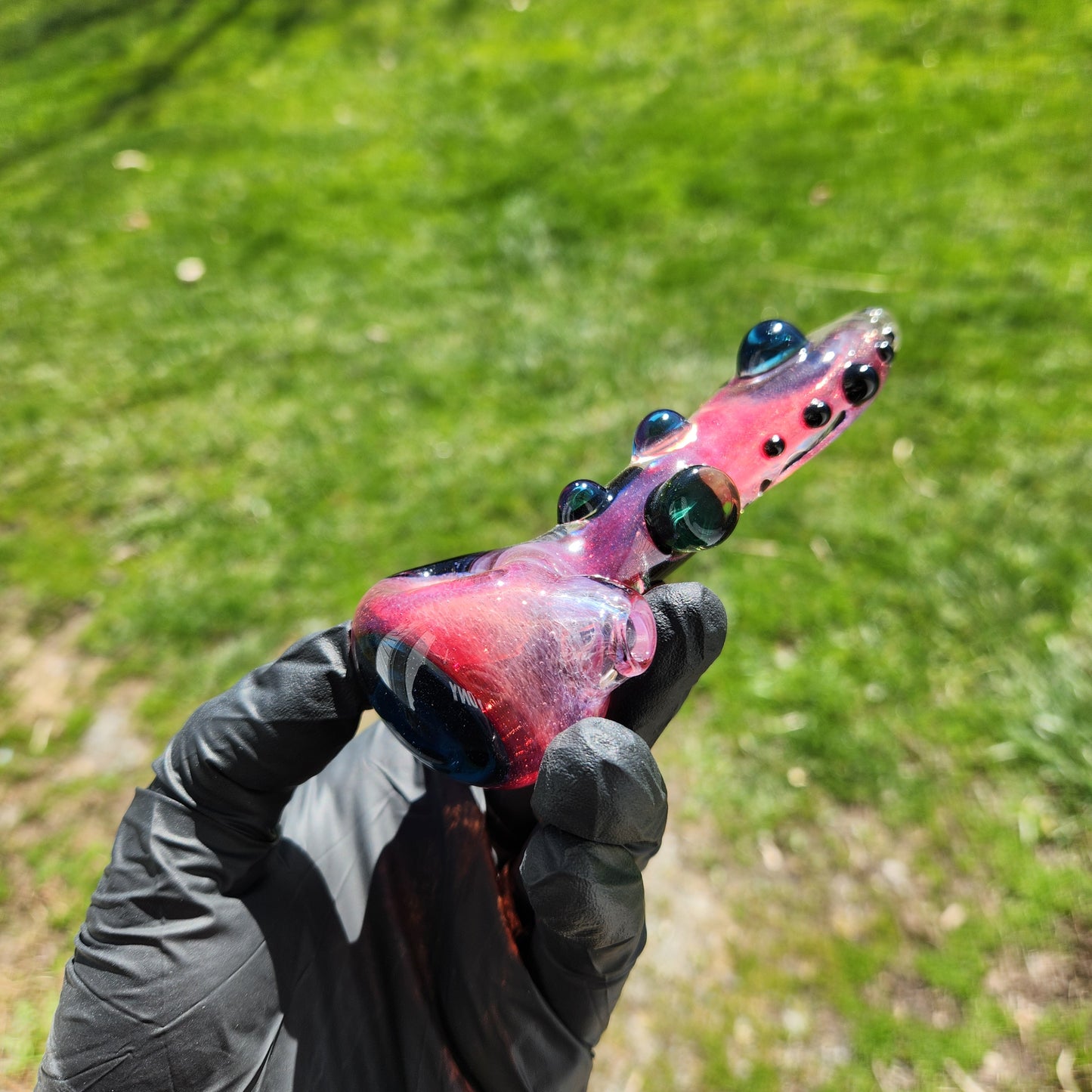 Hellstar Relics “Prism” Glass Spoon Pipe – Phoenix Red Pink w/ Bluestar Dust Lens, Galaxy Opal Core & Green Cylinder Accents