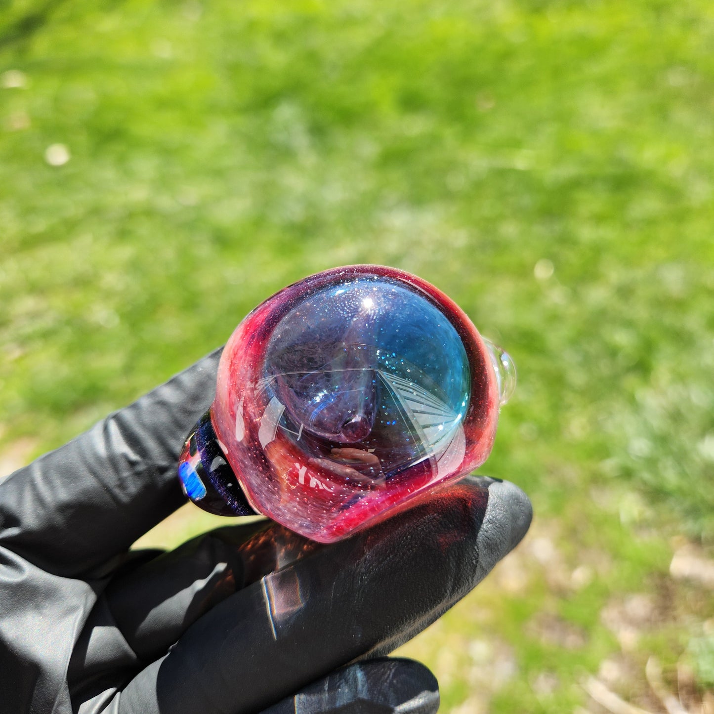 Hellstar Relics “Prism” Glass Spoon Pipe – Phoenix Red Pink w/ Bluestar Dust Lens, Galaxy Opal Core & Green Cylinder Accents