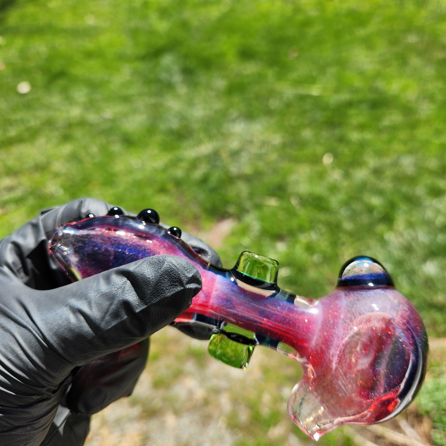 Hellstar Relics “Prism” Glass Spoon Pipe – Phoenix Red Pink w/ Bluestar Dust Lens, Galaxy Opal Core & Green Cylinder Accents