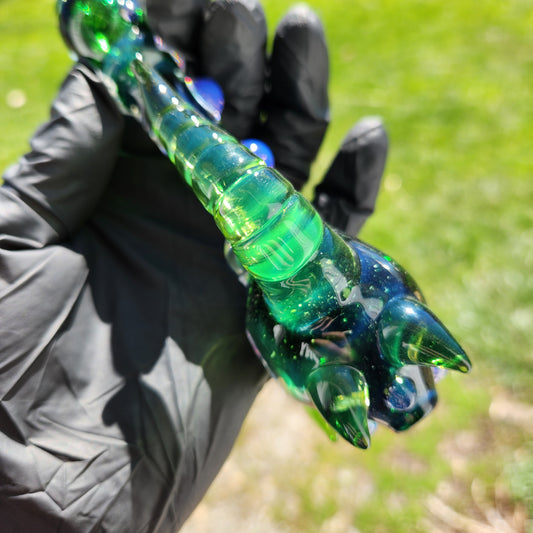 Hellstar Relics “Nebula Worm” Glass Spoon Pipe – Experimental Green w/ Multi Horn Front, Carved Side Horns & Purple Slime Accents