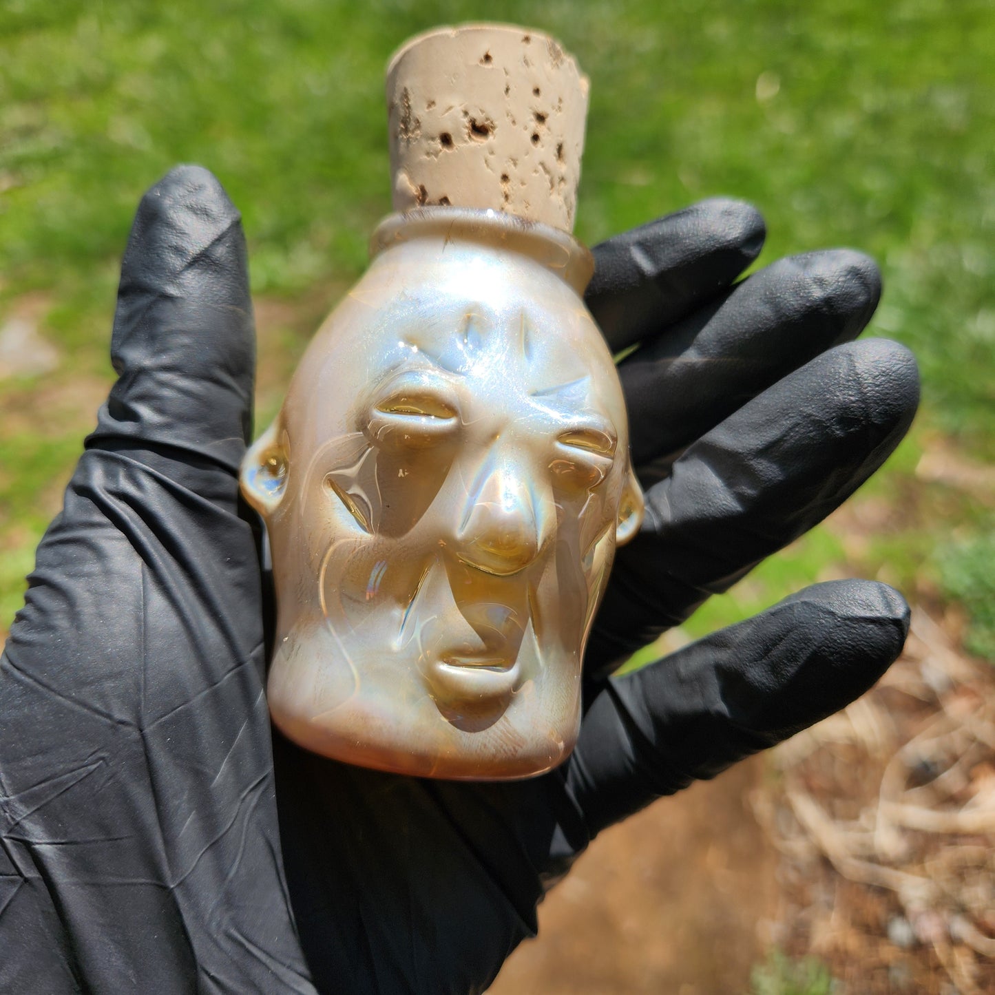Nug Head Shamans Glass Stash Jar – Silver Fume Sculpted Tribal Head Container | Metallic Clear Heady Glass Storage Vessel