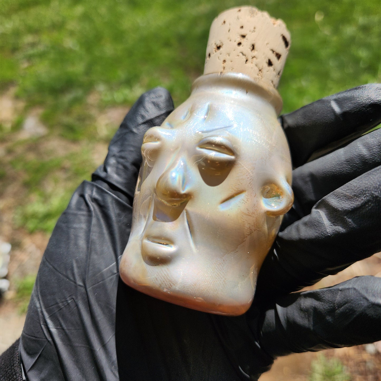Nug Head Shamans Glass Stash Jar – Silver Fume Sculpted Tribal Head Container | Metallic Clear Heady Glass Storage Vessel