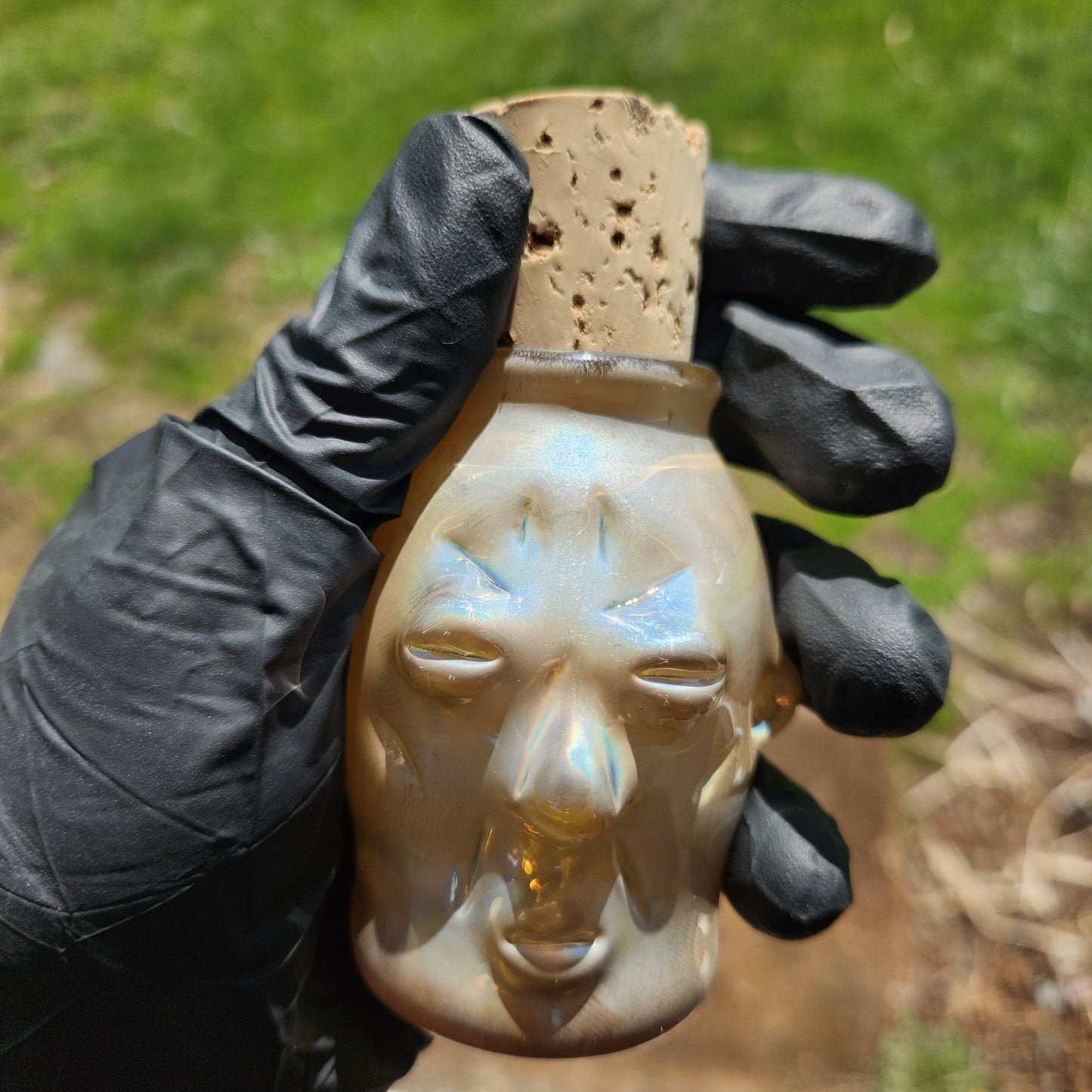 Nug Head Shamans Glass Stash Jar – Silver Fume Sculpted Tribal Head Container | Metallic Clear Heady Glass Storage Vessel