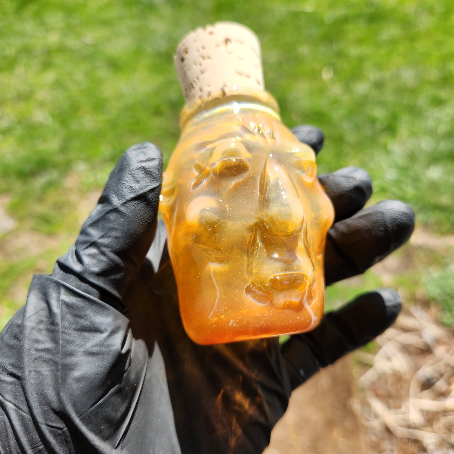 Nug Head Shamans Glass Stash Jar – Caramel Sand Sculpted Tribal Head Container | Amber-Orange Shifting Heady Glass Storage