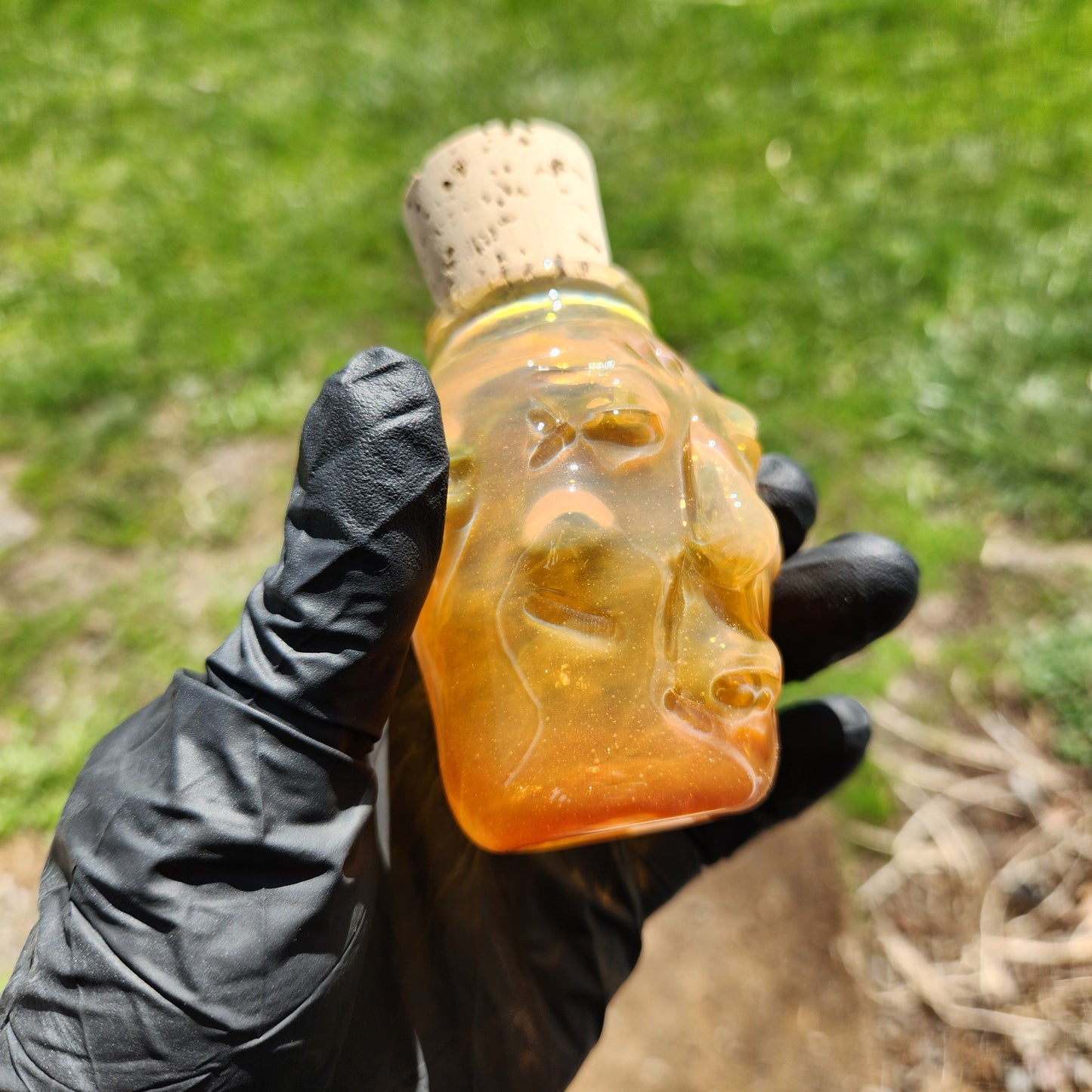 Nug Head Shamans Glass Stash Jar – Caramel Sand Sculpted Tribal Head Container | Amber-Orange Shifting Heady Glass Storage