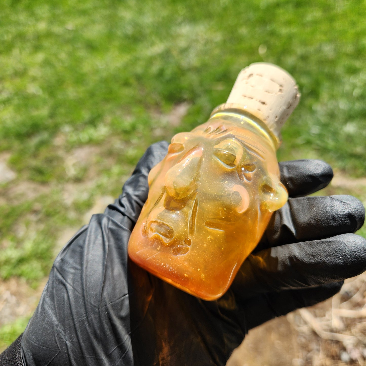 Nug Head Shamans Glass Stash Jar – Caramel Sand Sculpted Tribal Head Container | Amber-Orange Shifting Heady Glass Storage