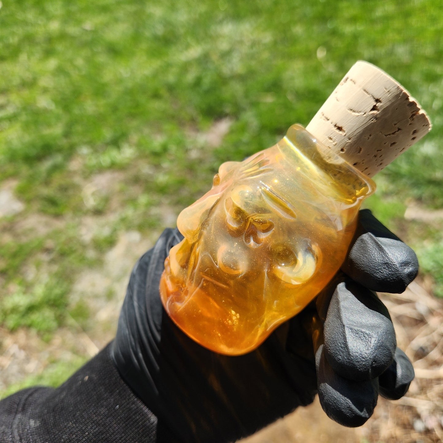 Nug Head Shamans Glass Stash Jar – Caramel Sand Sculpted Tribal Head Container | Amber-Orange Shifting Heady Glass Storage