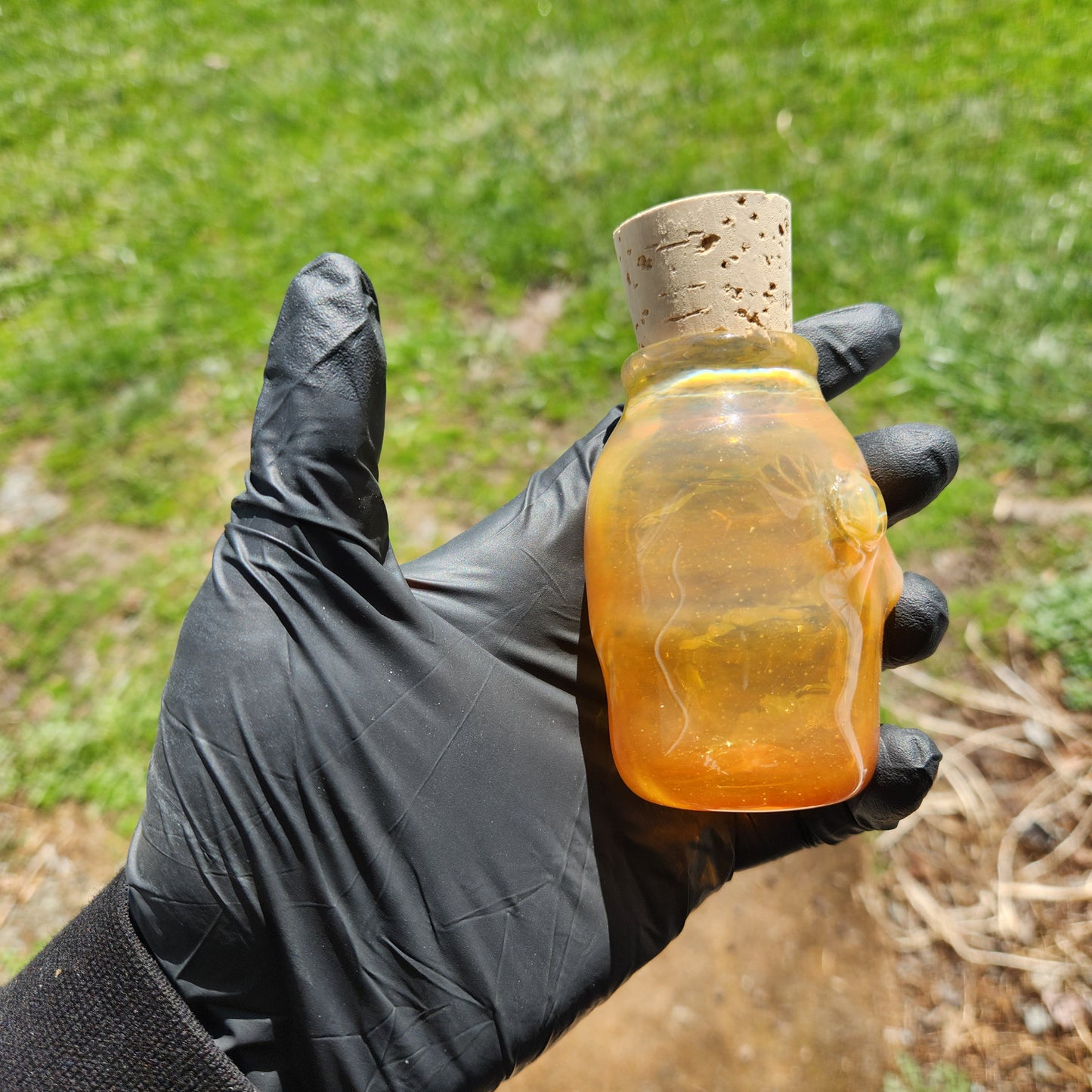 Nug Head Shamans Glass Stash Jar – Caramel Sand Sculpted Tribal Head Container | Amber-Orange Shifting Heady Glass Storage