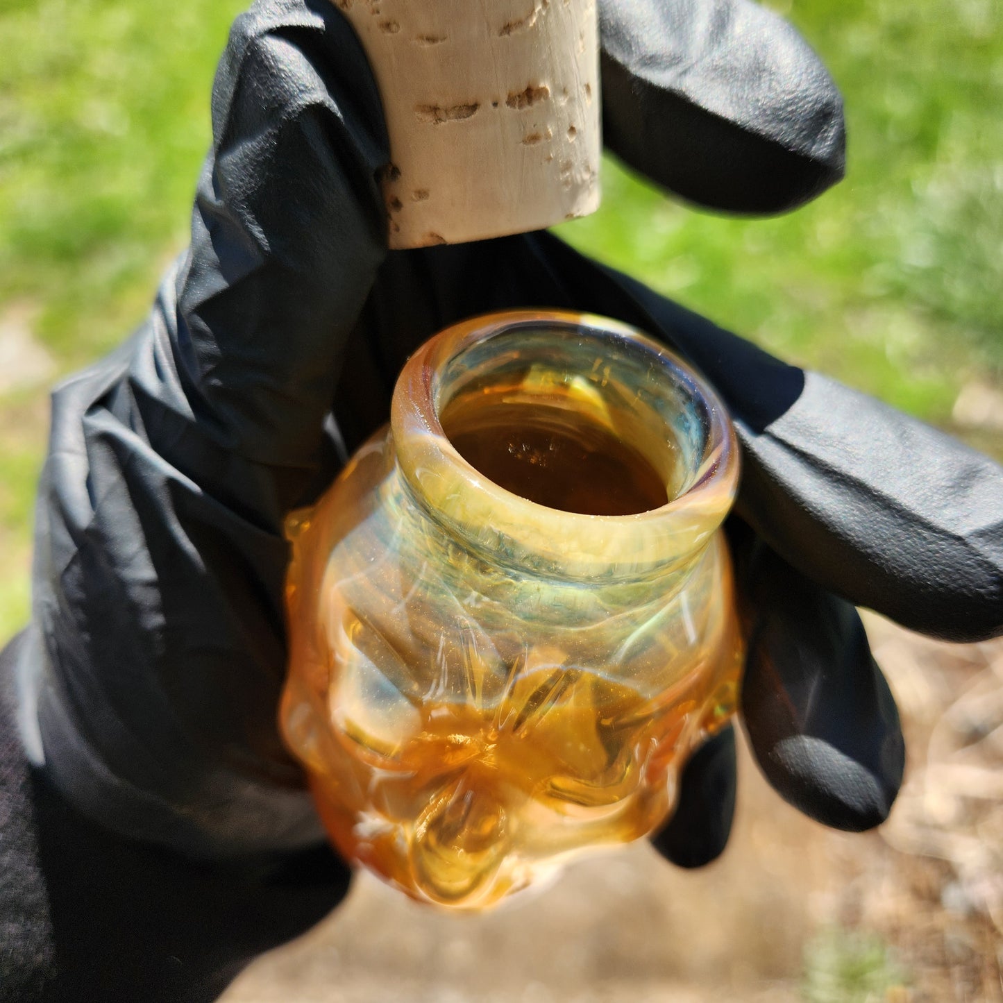 Nug Head Shamans Glass Stash Jar – Caramel Sand Sculpted Tribal Head Container | Amber-Orange Shifting Heady Glass Storage