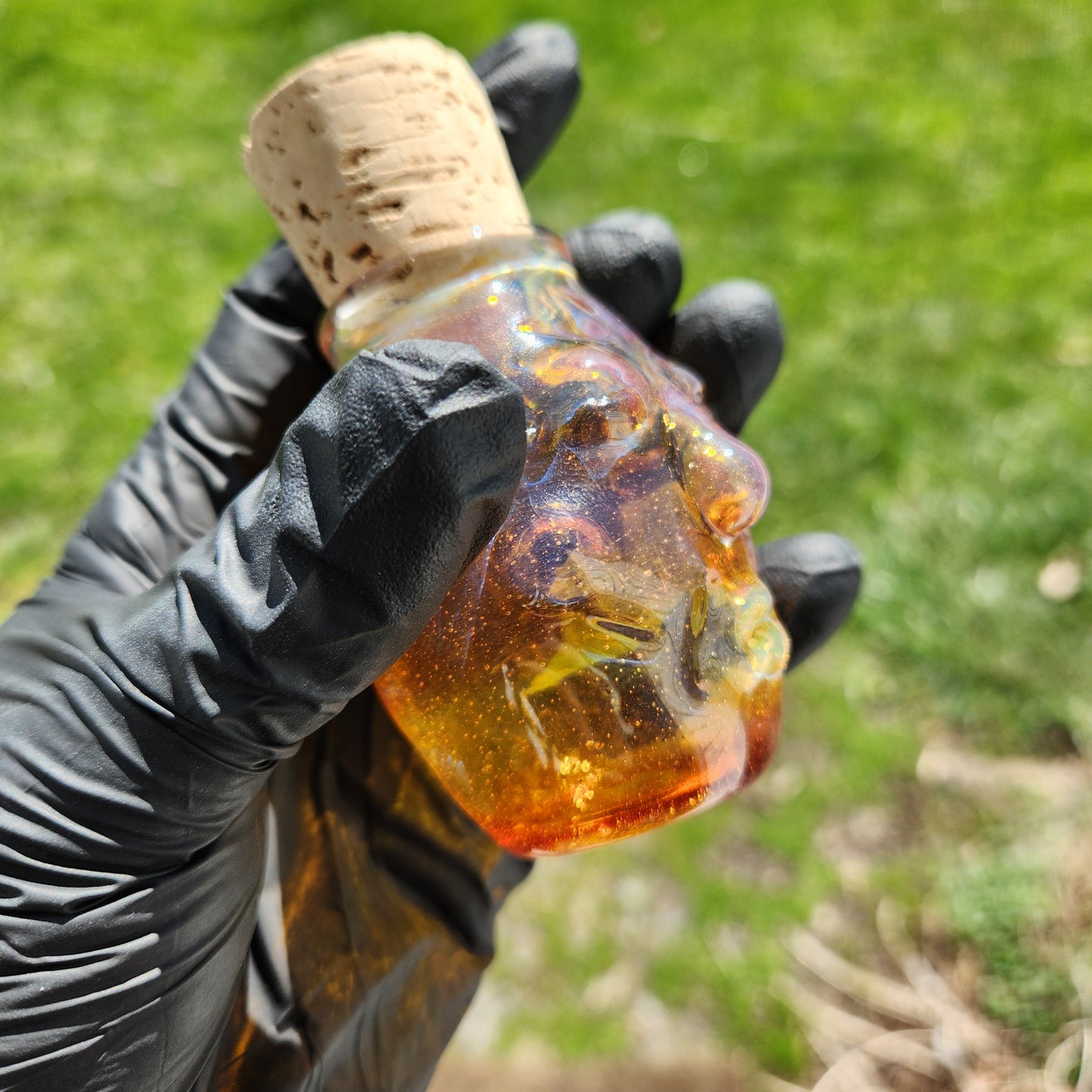 Nug Head Shamans Glass Stash Jar – Amber Purple Frit Tribal Head Container | Heady Glass Storage Art