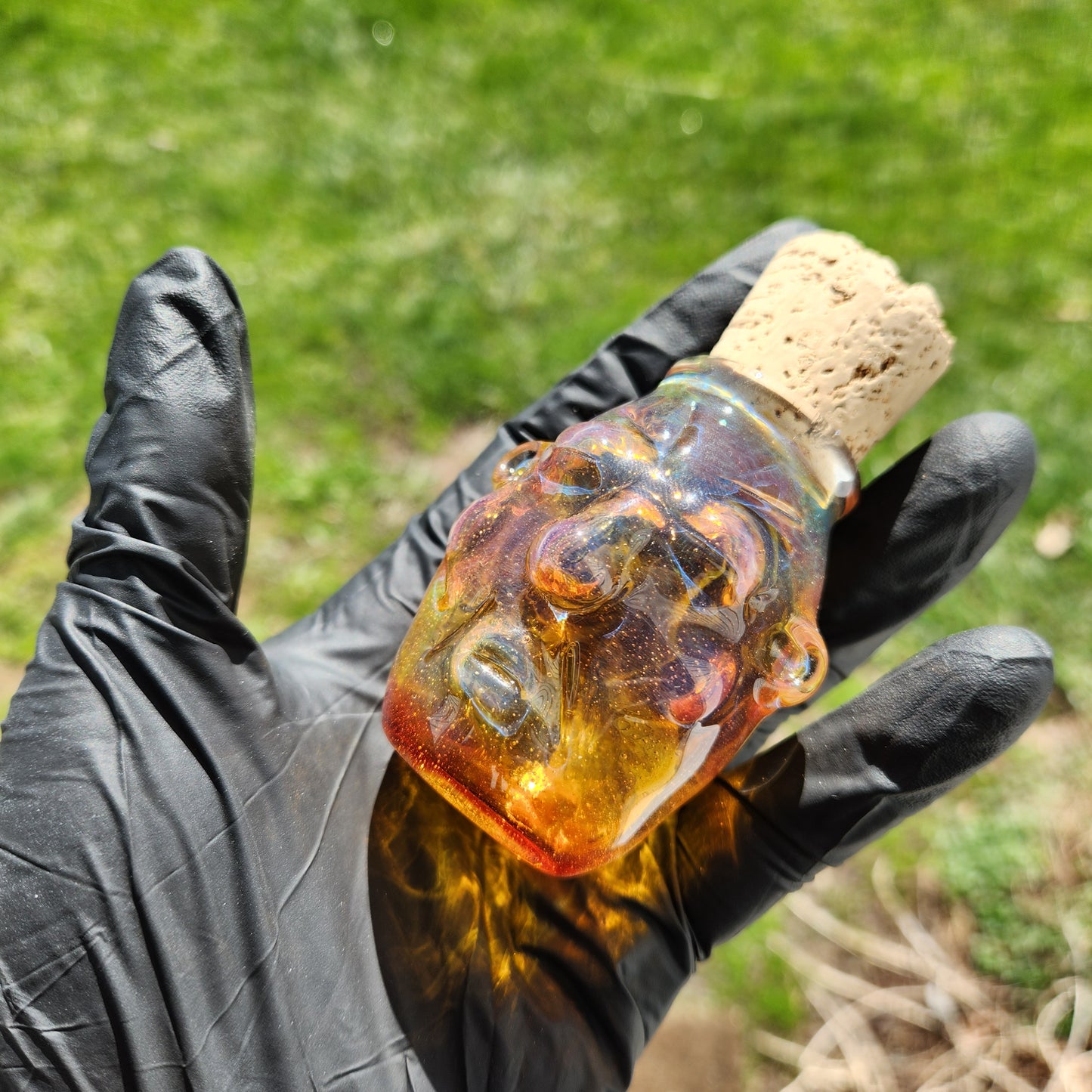 Nug Head Shamans Glass Stash Jar – Amber Purple Frit Tribal Head Container | Heady Glass Storage Art