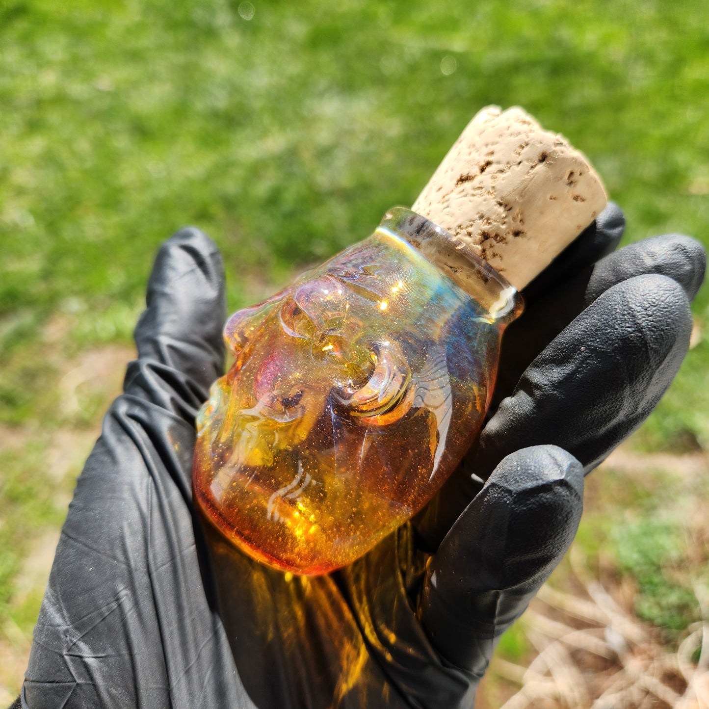 Nug Head Shamans Glass Stash Jar – Amber Purple Frit Tribal Head Container | Heady Glass Storage Art