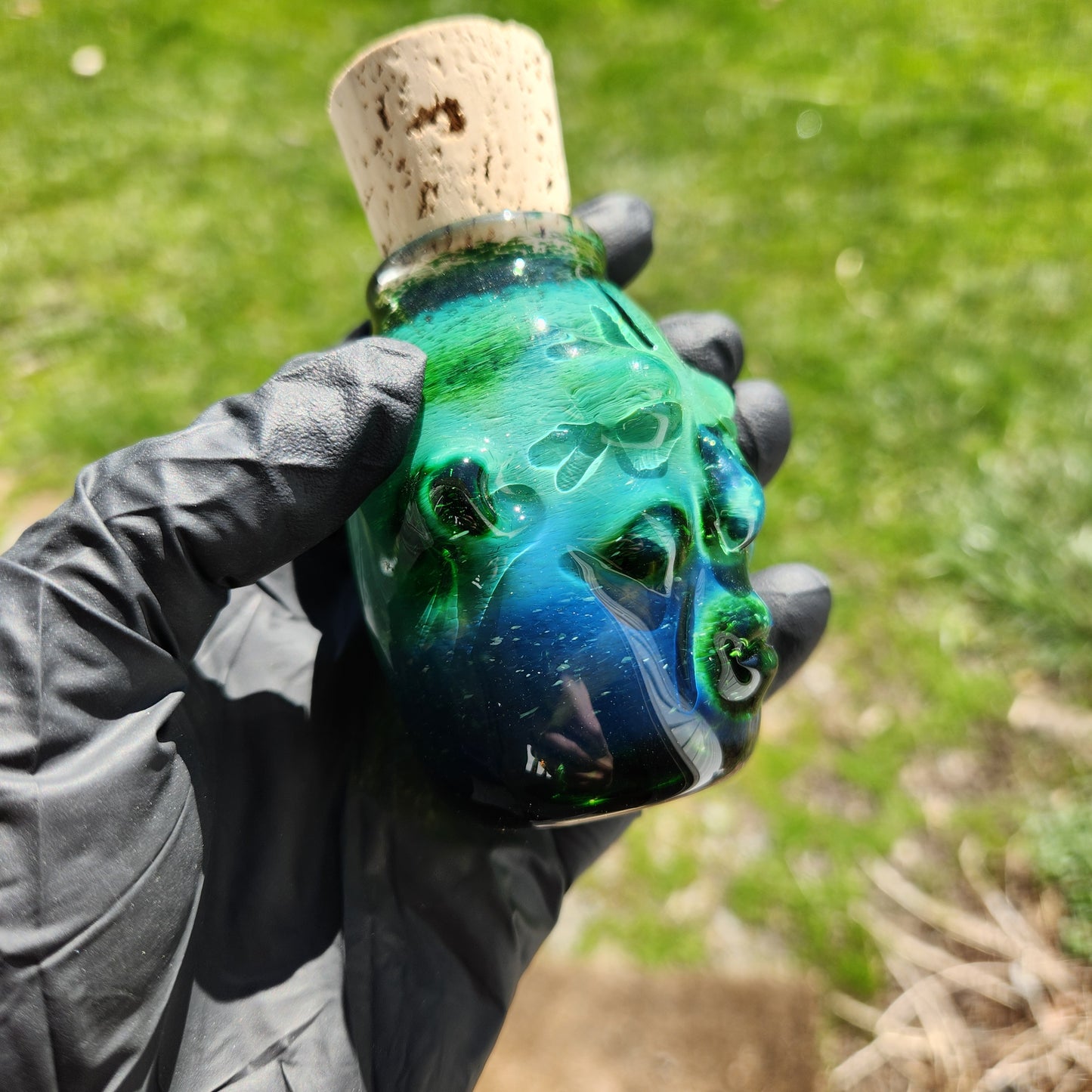 Nug Head Shamans Glass Stash Jar – Experimental Green Sculpted Tribal Head Container | Emerald-to-Blue Obsidian Heady Glass Storage