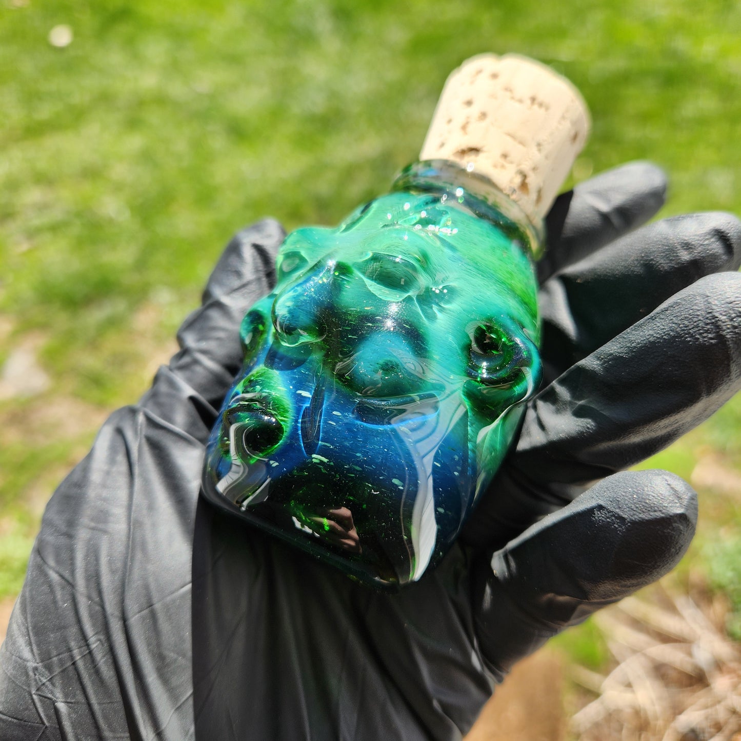 Nug Head Shamans Glass Stash Jar – Experimental Green Sculpted Tribal Head Container | Emerald-to-Blue Obsidian Heady Glass Storage