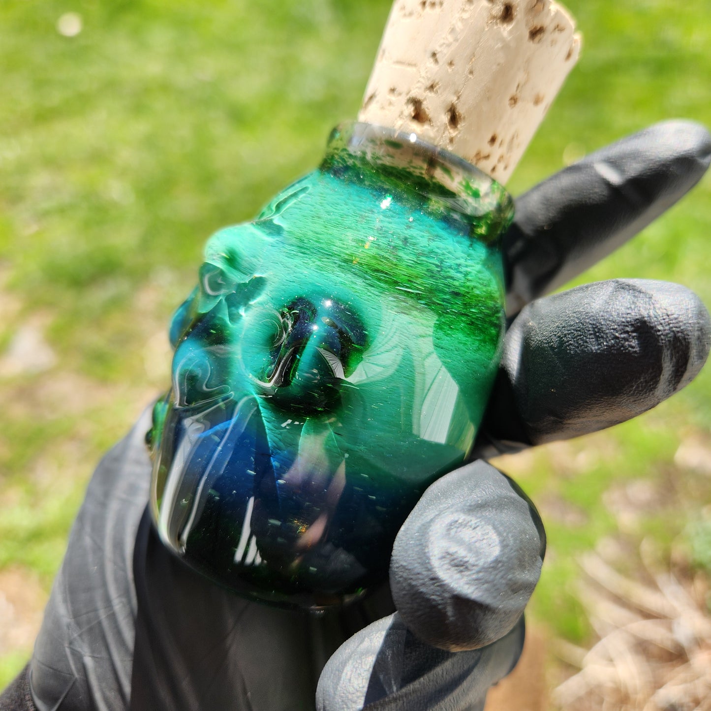Nug Head Shamans Glass Stash Jar – Experimental Green Sculpted Tribal Head Container | Emerald-to-Blue Obsidian Heady Glass Storage