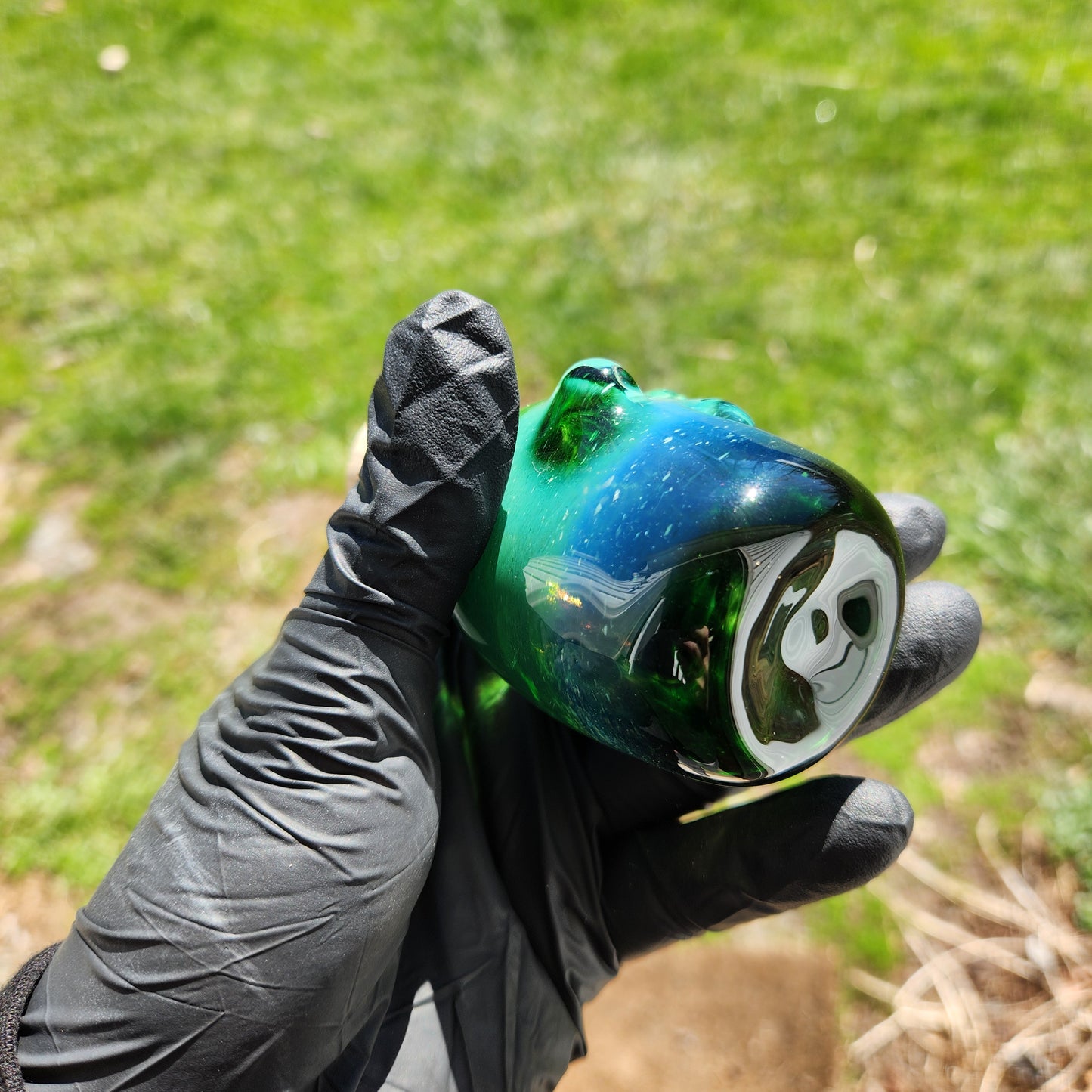 Nug Head Shamans Glass Stash Jar – Experimental Green Sculpted Tribal Head Container | Emerald-to-Blue Obsidian Heady Glass Storage