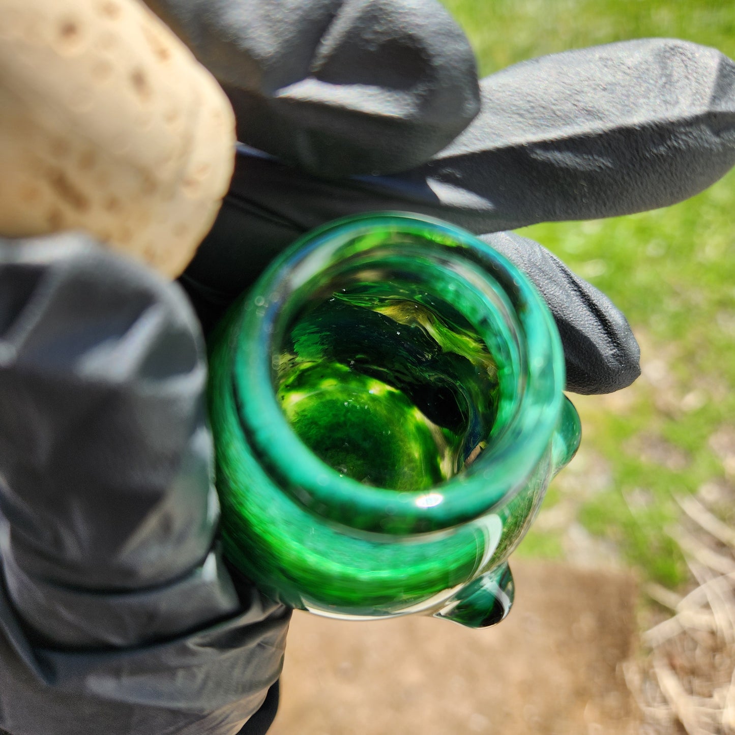 Nug Head Shamans Glass Stash Jar – Experimental Green Sculpted Tribal Head Container | Emerald-to-Blue Obsidian Heady Glass Storage