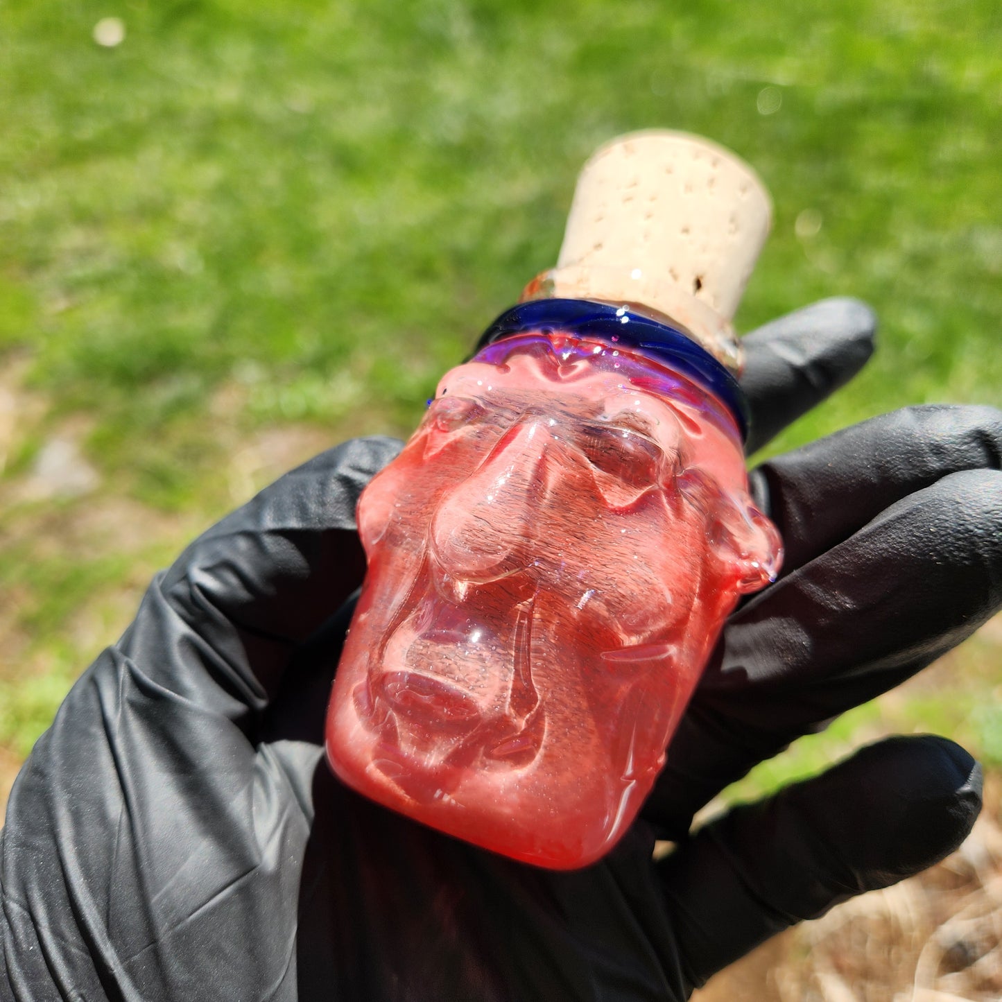 Nug Head Shamans Elder Glass Stash Jar – Terracotta Red Sculpted Tribal Head w/ Blue Headband | Heady Glass Storage Vessel