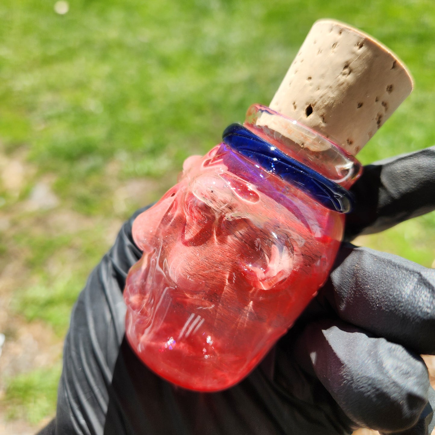 Nug Head Shamans Elder Glass Stash Jar – Terracotta Red Sculpted Tribal Head w/ Blue Headband | Heady Glass Storage Vessel