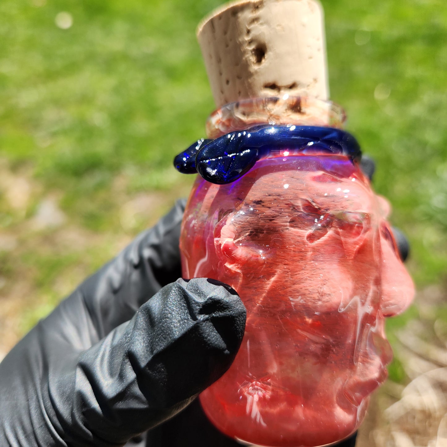 Nug Head Shamans Elder Glass Stash Jar – Terracotta Red Sculpted Tribal Head w/ Blue Headband | Heady Glass Storage Vessel